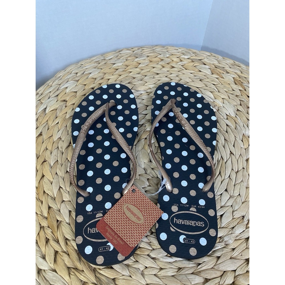NWT havaianas flip flops Black‎ Gold/White Polka Dots 11/12 womens